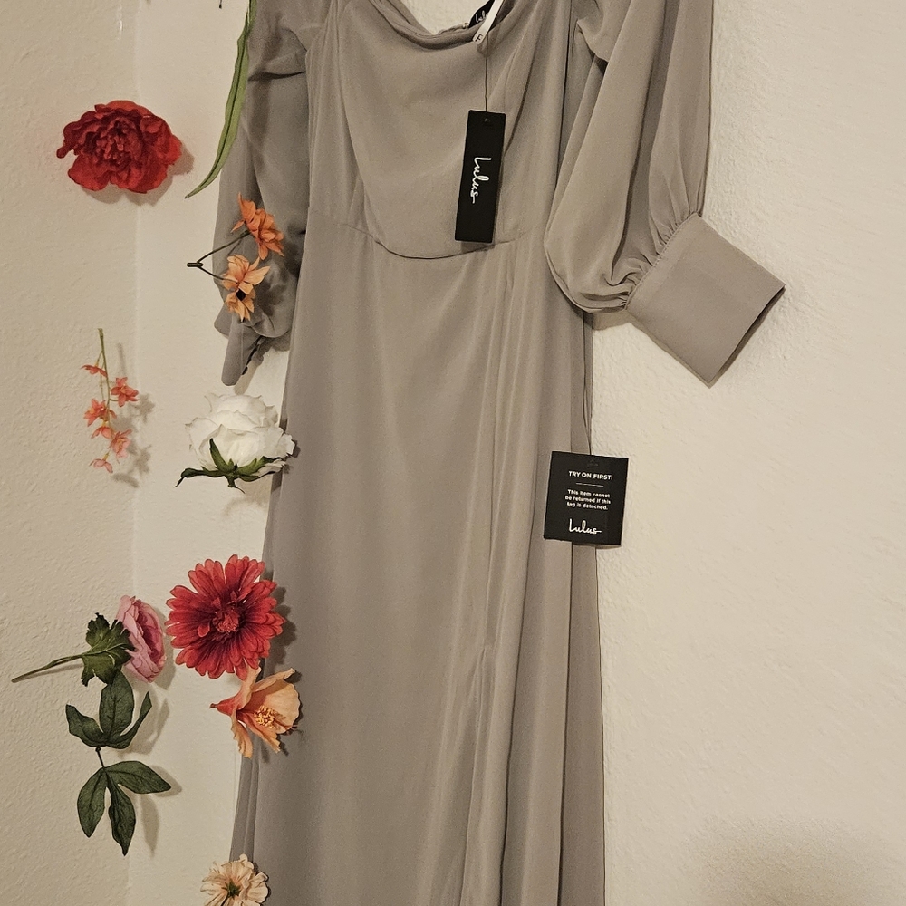 Grey off the shoulder long sleeve dress with a high slit